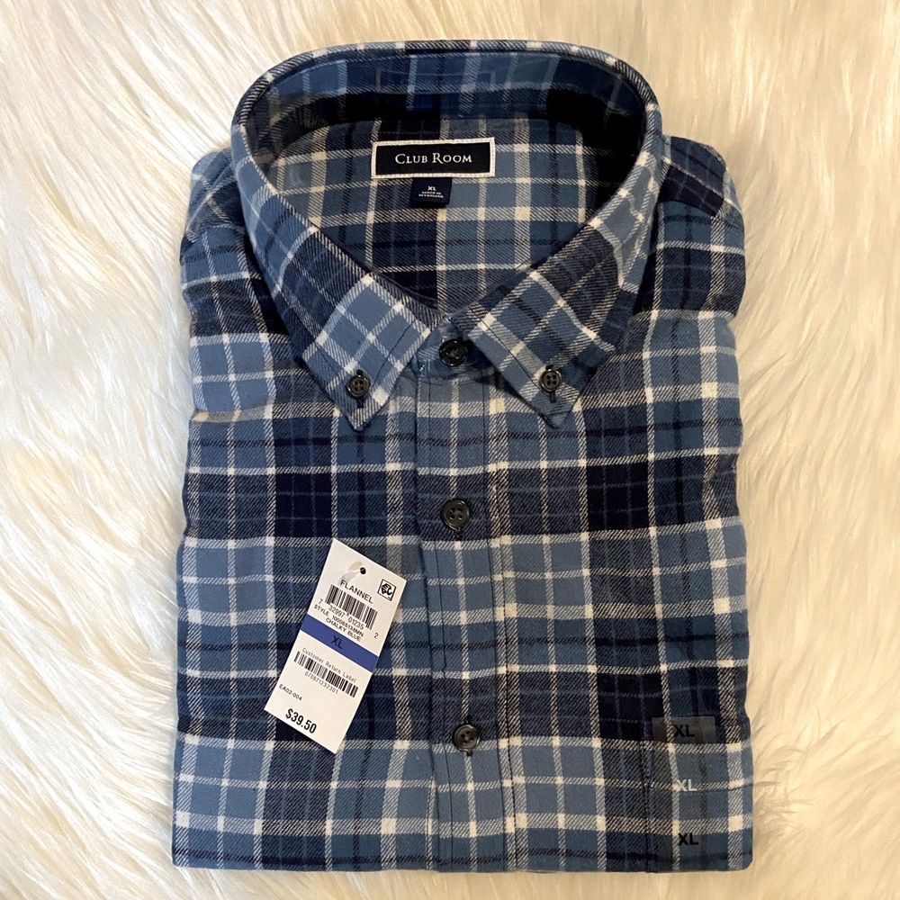 🆕NEW-MEN’S CLUB ROOM BY MACY’S FLANNEL BLUE AND WHITE PLAID BUTTON DOWN SHIRT. - Picture 6 of 15
